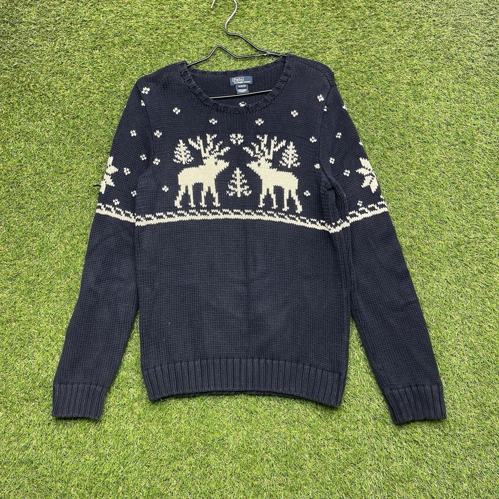 Vintage Polo Ralph Lauren Sweater Youth XL Blue Cotton Reindeer Knit Fair Isle